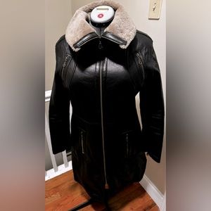 Pasha & Jo Black Leather and Shearling Coat